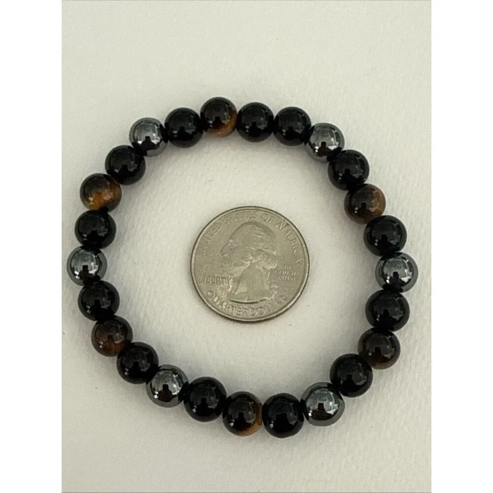 Set of 6 Tiger’s Eye Pattern and Hematite Finish Stretch Bracelets